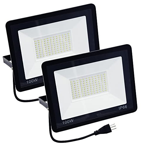 YASENN 100W Flood Lights LED Work Lights Set of 2, 11000lm Security Lights IP66 Outdoor Waterproof Plugin Backyard Lights, 85-260V Wide Voltage Garage Light for Garden Backyard Garage