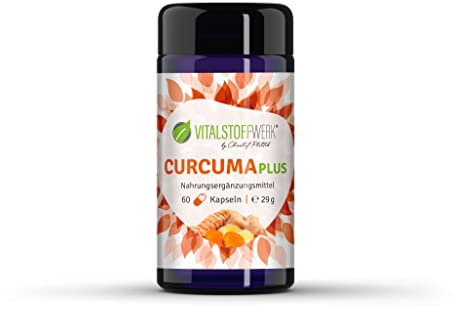 Curcuma Plus VITALSTOFFWERK®, Curcuma Kapseln 60 Stück, Kurkuma Extrakt Pulver, labrogeprüft, vegan, Curcumin + schwarzer Pfeffer