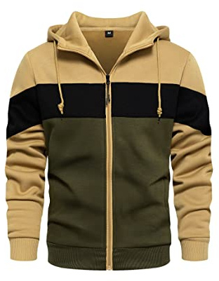 Wirltte Mens Hoodie Zip up Hoodies Color Block Hooded Sweatshirt Long Sleeve Patchwork Tops with Pockets
