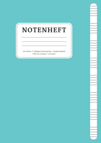 Notenheft: DIN A4 Musik Schreibheft. 100 nummerierte Seiten. Korrekt beabstandete Leere Notenzeilen. Inhaltsverzeichnis. Geeignet für Schule und Kinder aller Klassenstufen. Anfänger und Erwachsene