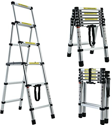 Aluminium Telescopic Ladder Heavy Duty Folding Extension Step Ladder with Non-Slip Rubber Feet, 330 lbs Load Capacity, EN131 Safe Standard, 1.4 m + 1.7 m to 4.6 ft + 5.6 ft, 4+5 Steps