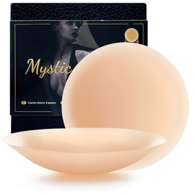 Mystic Curves Pezoneras de Silicona Premium Mujer - Kit de 2 Pares + Caja + Cintas Adhesivas, Cubrepezones Invisibles Reutilizables Lavables, Nipple Covers Push-Up para Vestidos [8cm Ø] (Crema)