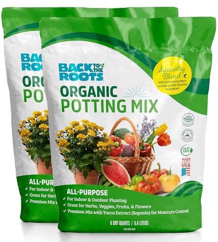 Back to the Roots All-Purpose Potting Mix 6 Quarts (Best Value), 100% Organic & USA Made for Herbs, Veggies, Flowers, w/Nutrient Rich Plant Food, Worm-Castings, & Moisture Controlling Yucca, 2 Packs
