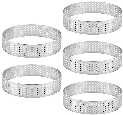 Ocnvlia Lot de 5 moules à tarte circulaires avec trous en acier inoxydable pour tarte aux fruits, quiches, gâteaux, mousse, moule de cuisine 9 cm