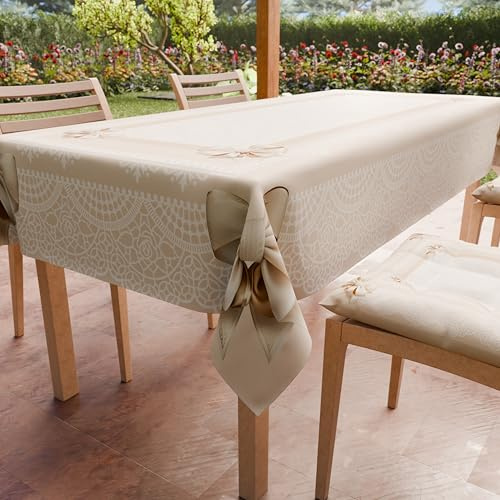 PETTI Artigiani Italiani - Fläckbeständig bordsduk rektangulär bordsduk kök rosettdesign beige X6 platser (140 x 180 cm) 100% tillverkad i Italien