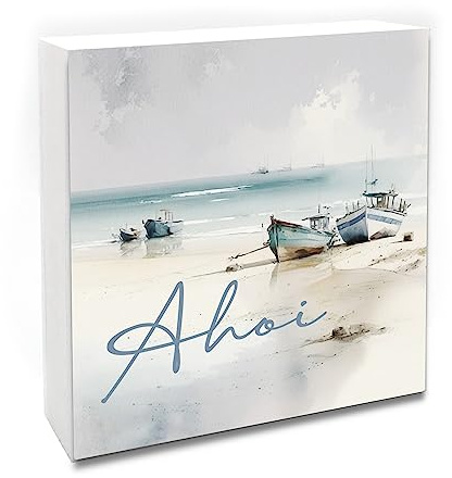 Interluxe Holzblock - Ahoi Holzbild mit Boot Maritim - Dekobild aus Holz mit Anker Schild als Holzaufsteller Meer Küste Strand Urlaub