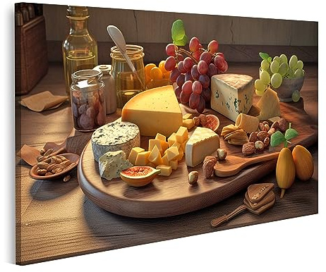islandburner Bild auf Leinwand Rustikale Käseplatte Frisches Obst Wein Küchenbild für Küche Bilder Wandbilder Poster JEKL-1K