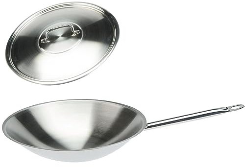 SKK großer Wok Ø 36 cm - induktive 18/10 Edelstahl Wokpfanne - Schwenkpfanne mit rundem Boden & Edelstahl-Deckel