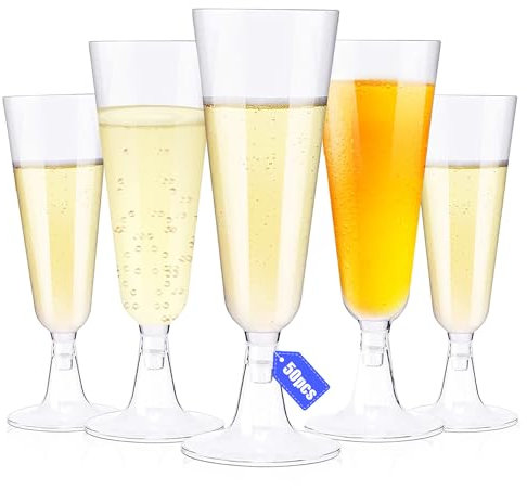 ZIOYA 50 Pièces 160 ml Flute Champagne Plastique Réutilisables Transparentes 16.5 cm de Haut Coupe de Champagne Verres à Champagne pour Mariages Anniversaires Fêtes