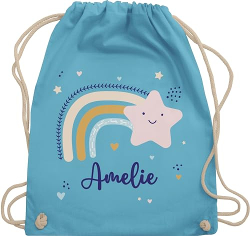 Turnbeutel Rucksack - Regenbogen Sternschnuppe Stern - Unisize - Hellblau - kindergarten schule sportbeutel rainbow star beutel schulbeutel personalisierte sternen stoffbeutel name und