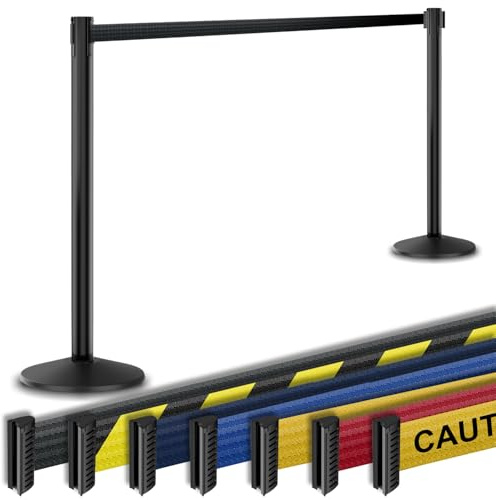 Commercial-Grade Retractable Belt Barrier 2pk by Visiontron, 40” Tall Crowd Control Stanchion, 10’ Long Belt/Visiontron Prime Steel, Self-Straightening No-Tools Assembly, (VS Black Post w/Black Belt)