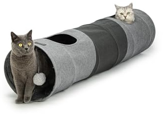 lionto Tunnel per gatti con palla da gioco, 30x130 cm, Tunnel da gioco pieghevole ed espandibile in materiale di lino sintetico di facile manutenzione per gatti, robusto giocattolo per gatti, 30 cm