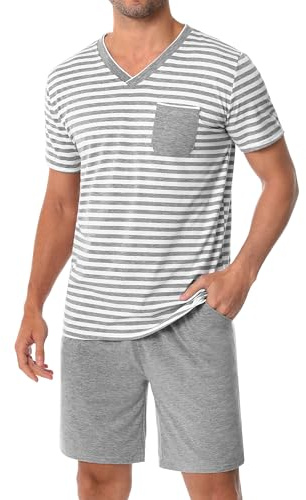 Leversic Schlafanzug Herren Kurz aus Baumwolle mit Kontraststreifen Design, Sommer Pyjama Set Oberteile und Kurze Hosen, Vater und Partner, 206-Grau, L