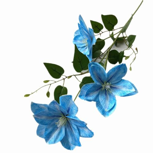forestmistry 6pcs Artificial Clematis Flower Branch 3 Heads Real Touch Passion Blossom Tree Stem 14cm Heads Faux Plastic Flowers (blue)