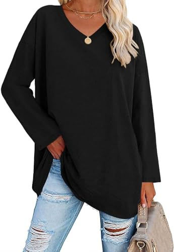 Ebifin T-shirt surdimensionné à manches longues pour femme - Col en V - Haut à manches longues - Tunique basique