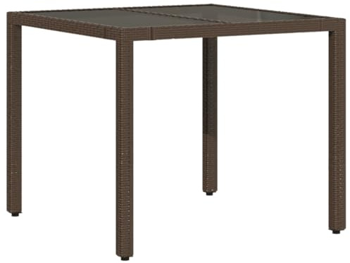 vidaXL Gartentisch mit Glasplatte, Esstisch mit Stahlrahmen, Beistelltisch für Terrasse Garten, Tisch Gartenmöbel, Braun Poly Rattan