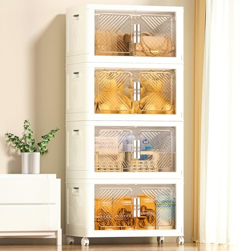 pioncrey 4 Packs Storage Boxes with Lids, 70L*4 Large Capacity Stackable Storage Boxes, Plastic Collapsible Storage Box, Folding Storage Box with Wheels, Organization and for Home and Office