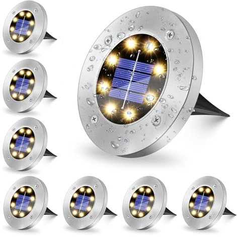 SCNNC Solar Ground Lights Outdoor Garden - 8 LEDs Warm White IP65 Waterproof Disk Pathway Lighting for Lawn, Yard, Patio, Landscape Decking - 8 Pack