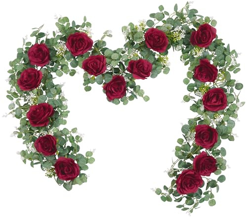 Dolicer 2Pcs 13Ft Artificial Eucalyptus Garlands with Flowers- 8 Roses, Faux Floral Greenery Garlands Fake Flowers Vines for Wedding Table Centerpieces Arch Party Ceremony Backdrop Decor (Red)