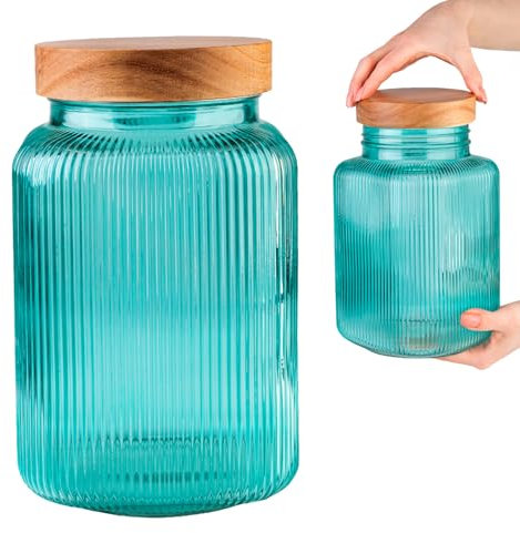 SUPERBUTELKI.PL Contenitore in vetro da 3000 ml – Vetro scanalato con coperchio in legno – Contenitore decorativo in vetro per spezie, erbe, caramelle – Barattoli per caramelle – Bicchieri per spezie