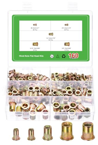 sourcing map 160Pcs Rivet Nut Flat Head,#8-32, #10-24, 1/4-20, 5/16-18, 3/8-16 Carbon Steel Threaded Insert Nuts Knurled Body Zinc Plated Finish
