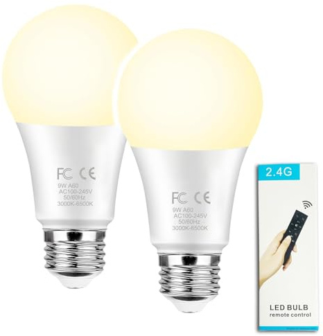 GRV Bombillas LED inteligentes A60 de 9 W con control remoto de 2.4 GHz, cambio de color, regulable continuo 3000 K-6500 K, equivalente a lámpara incandescente de 80 W, base E26 de 800 lm, decoración