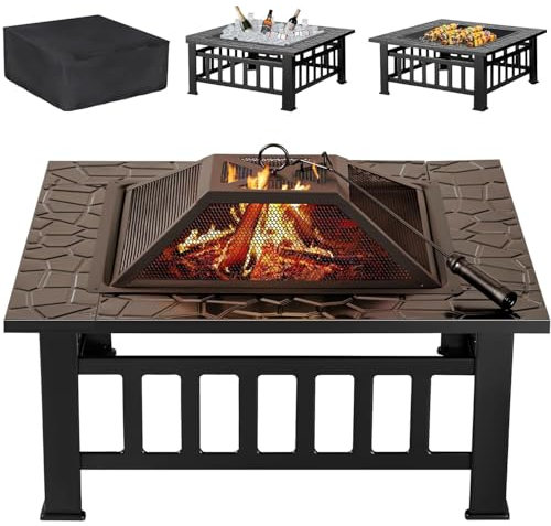 Feuerschale, Feuerschalen für den Garten, Feuerschale mit funkenschutz und Schürhaken, Feuerkorb mit Grillrost, BBQ Feuerstelle Outdoor, ür Hinterhof, Garten, Camping, Pickn