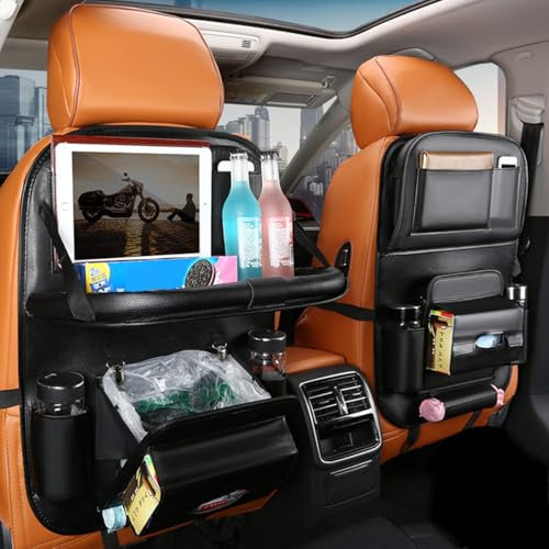 DAYKET Autositz Organizer für VW T4 T5 T6 Multivan/MK6, mit Integrierter Mülltonne und Tisch, Leder Praktischer Autositz Aufbewahrungsbeutel,A/Black