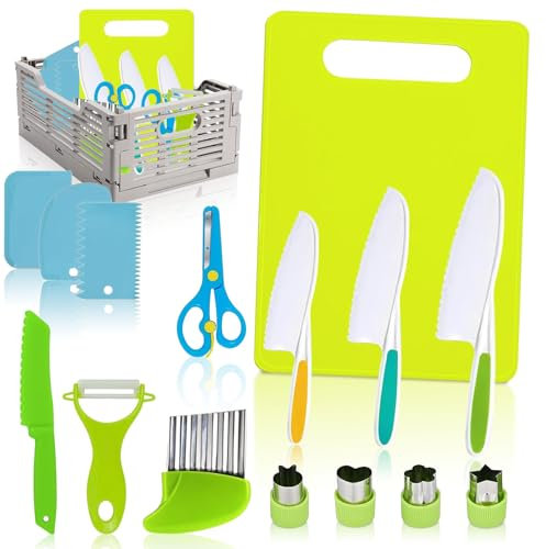 ATSGJLZN 16-Teiliges kindermesser set, Kinder Küchenmesser mit Aufbewahrungsbox, Sicherheit Kindermesser ab 2 Jahre, Montessori Messer, Kinder Kochset zum Schneiden und Kochen von Obst oder Gemüse