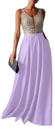 HUINI Abendkleid Lang Damen Glitzer Ballkleider Hochzeitskleid Vintage Cocktail Partykleider Brautkleider Flieder 34