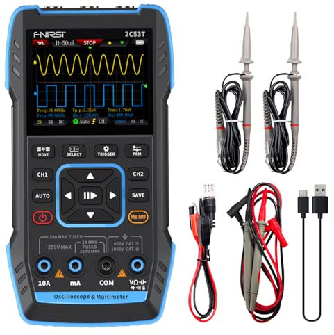 Oscilloscope,2C53T Oscilloscope Numérique,3 en 1 Oscilloscope Portable Multimètre Oscilloscope Largeur De Bande À 2 Canaux 50 MHz Fréquence D'échantillonnage 250 MSa/s 19999 Comptes