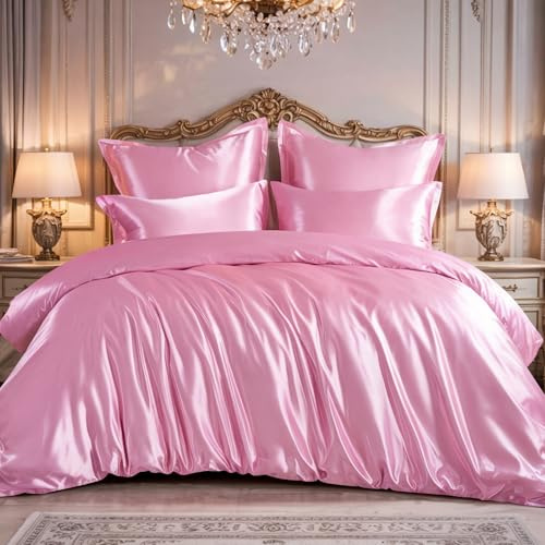 RUIKASI Juego de ropa de cama de satén de 220 x 240 cm, color rosa y sedoso, funda nórdica de lujo con brillo como seda para cabello y piel, brillante, ropa de cama de 220 x 240 cm con cremallera y
