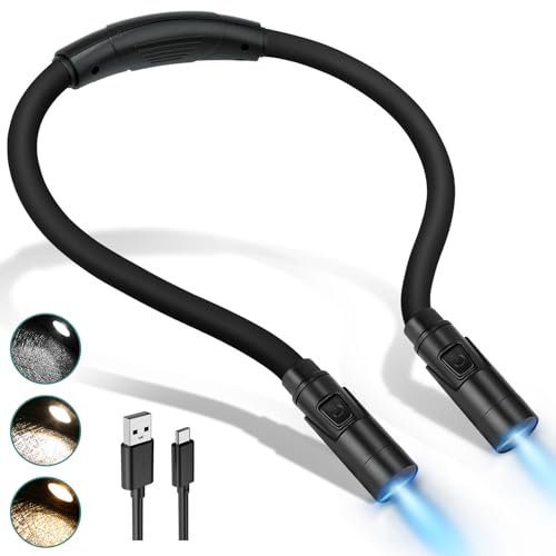LUXJET Leselampe Hals, LED Leselampe Bett Aufladbare Buchlampe mit 3 Farben & Stufenlos Dimmbar für Lesen, Häkeln, Reparieren (Tragbare Halslampe)