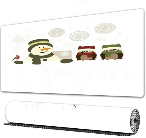 FEHWI Mauspad 90×40 cm Verlängertes großes Mauspad Schreibtischauflage,Weihnachten, Schneemann und Eulen an einem verschneiten Wintertag mit Glöck,genähte Kanten Gaming Mauspad,rutschfeste Gummibasis