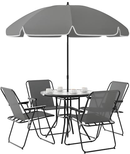 Outsunny Set Tavolo e Sedie da Giardino 6 Pezzi in Acciaio con Ombrellone, Set di Mobili con 4 Sedie Pieghevoli in Textilene e Tavolo Rotondo in Vetro, Set da Esterno per Patio, Terrazzo, Grigio