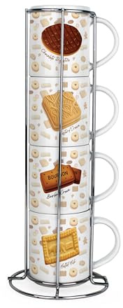 Purely Home Novelty Biscuits Stacking Mugs Set - Funny Food Themed Gifts - Set of 4 Small Ceramic Mugs Gift Set with Metal Stand