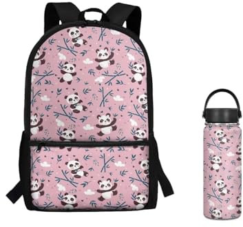 ZUXONGSY Kawaii Pandas Girls Backpack 5-6 Year Old 17 Inch School Backpack for Back to School 100 Day Insulated Water Bottle Kids Stainless Steel Pink Kids Water Bottle for Girl Bookbag Sets
