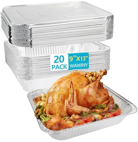 WAWINY 9x13 Thickened Aluminum Foil Pans With Lids, 20Pack Extra Deep Disposable Aluminum Pans for Roasting, Baking, Cooking, Food Prep, Chafing, Steam Table, Oven, Cake, and Party Catering.