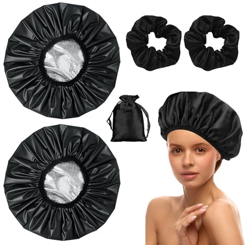 KAUSRE 2 Pièces Bonnet Chauffant Cheveux Soin Noirs Imperméables à Double Couche Pour Soins Capillaires Avec 2 Bandes de Cheveux Noires, Bonnets Chauffants Pour Salon de Coiffure Spa