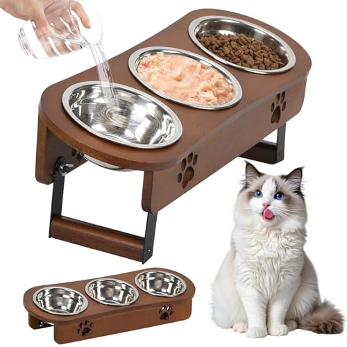 Optyuwah Ciotola rialzata per gatti – Set di 3 ciotole rialzate, regolabili in altezza, con supporto, ciotole in acciaio inox, per cibo e gatti, colore marrone