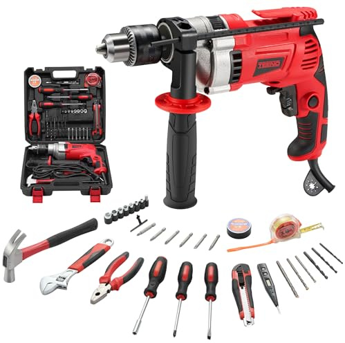 TEENO Trapano a Percussione Elettrico Filo 910 W, Trapano Elettrico a Filo 0-3000RPM, Pulsante di Velocità Variabile, 37 Pezzi Cassetta Attrezzi Completa, Mandrino 13 mm, Mattoni, Legno, Acciaio