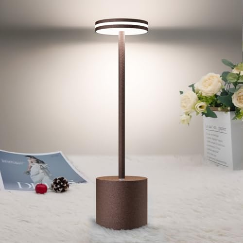 bravzurg Lampada da Tavolo Ricaricabile LED 5000mAh Senza Fili,Ristorante | Lampada da Scrivania,3 Modalità di Colore,,Luce a USB Batteria Dimmerabile per Esterno/Interno/Comodino(Ruggine)