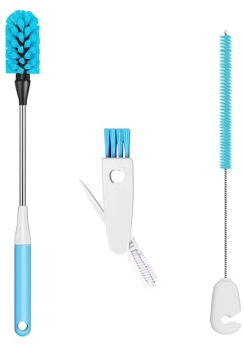 3-in-1 Bottle Brush, 15 Inches Long Handle Kitchen Water Bottle Brush, Stainless Steel Bottle Cleaner Brush with Straw Brush & Lid Brushe for Cleaning Wine Glasses,Coffee Mugs,Tumblers,Wine Decanters