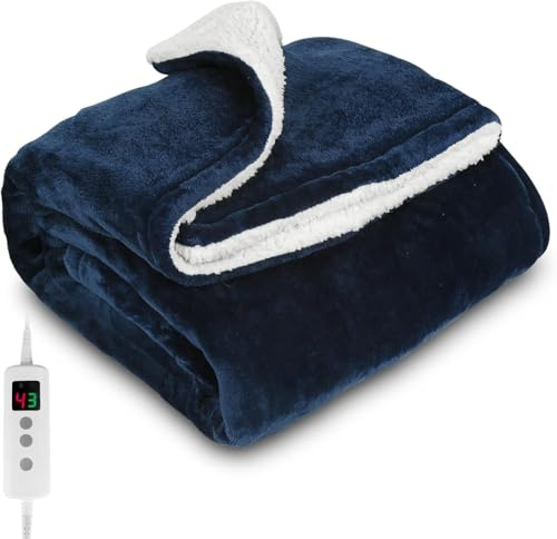 PROALLER Coperta Riscaldante Elettrica, Coperta Termica 160x130 CM Pile Sherpa in Doppia Flanella, Lavabile in Lavatrice, Timer 9 Ore e 10 Impostazioni Di Calore Blu
