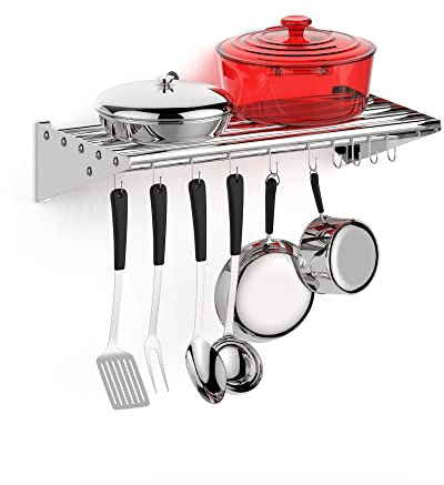 Kitchen Shelves Wall Mounted, Mount Pot Pan Rack Stainless Steel Hanging Shelf Heavy Duty 65Kg, Metal Cookware Organiser with 10 Hooks for Restaurant, Kitchen, Home, Space-Saving Design, 60x32x14Cm