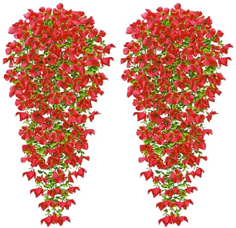 MEIVINES 2PCS Artificial Hanging Flowers 77cm Fake Hanging Plants Outdoor | UV-Resistant Faux Hanging Flowers Fake Trailing for Hanging Baskets Garden Wall Home Decoration (Red)