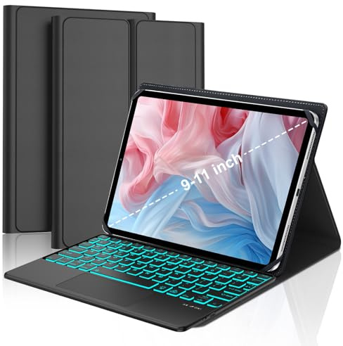 Universal Keyboard Case for 9/9.7/10/10.1/10.2/10.3/10.5/10.6/10.9 | Rechargeable Bluetooth UK Layout Backlit Keyboard, Cover with Stretch Strap for Android, IOS 9-11 Inch Tab, Black