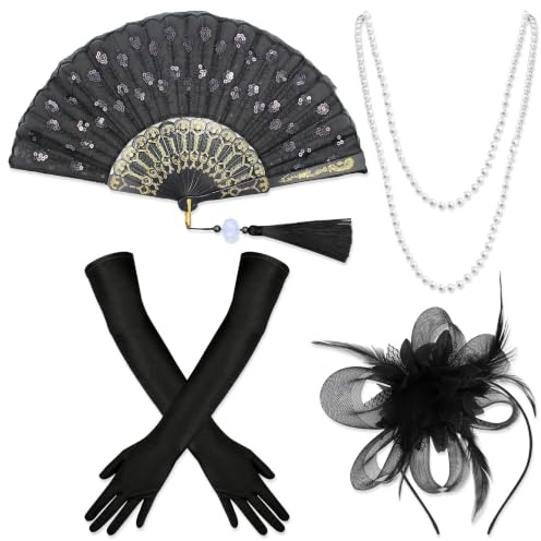 YiiHHooN Set de 4 Chapeau Bibi pour Femme, Fascinator Chapeau Noir avec Plumes Dentelle Éventail Gants et Collier, Chapeau Bibi Vintage pour Tea Party Mariage Carnaval Halloween
