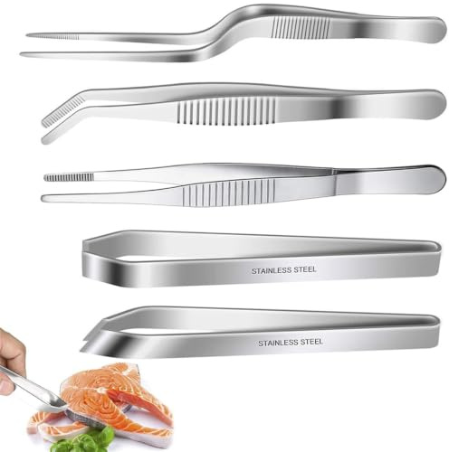 Pinze da cucina, set di pinze da chef, pinze inclinate in acciaio inox, set di pinze a spina di pesce, per decorare alimenti cucinare e cuocere (5 pezzi)