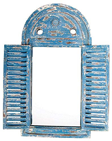 Esschert Design Wandspiegel, Garderobenspiegel im Louvre Stil, verwittertes blau mit Fensterläden, ca. 39 cm x 55 cm